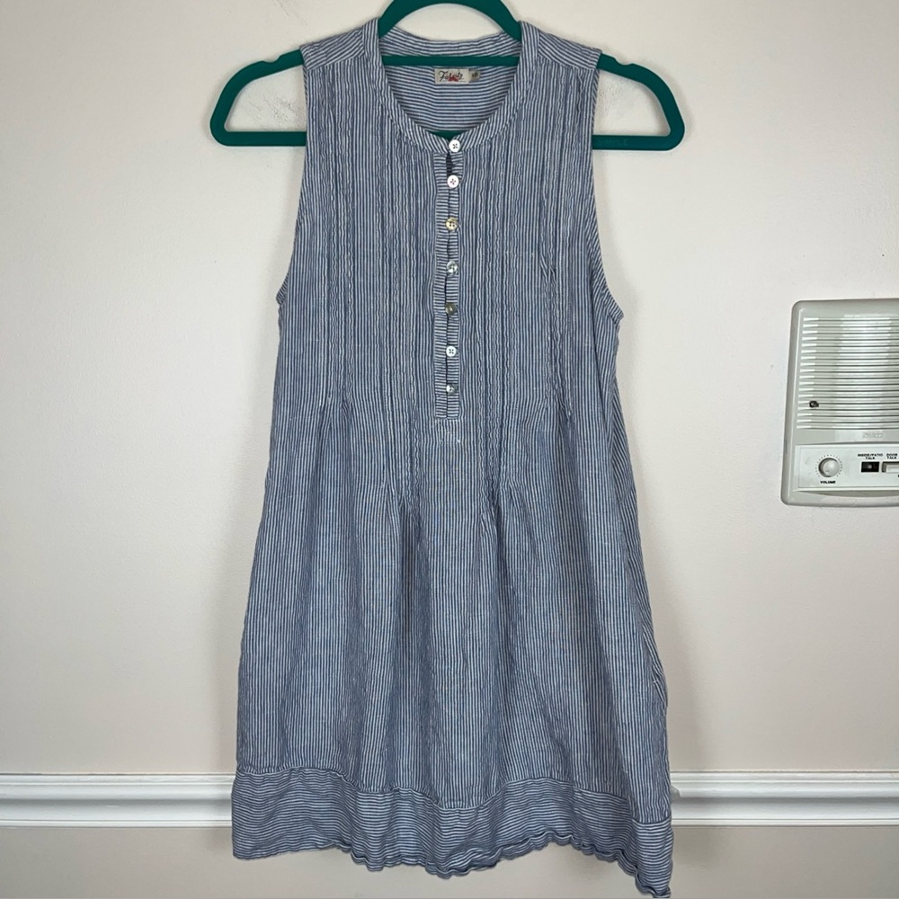 FAHERTY Isha Dress Blue Mini Stripe, Linen with Pockets, Size Small, Preowned